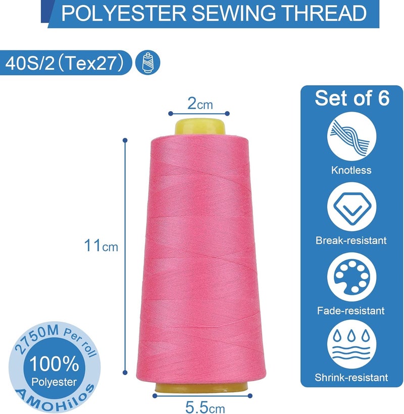 AMOHilos Polyester Sewing Thread All Purpose Knotless 40S/2 (Tex27) 6 Cones of 2750 Yards Each Spool Thread Total 16500 Yards for Serger Sewing Machine Quilting Piecing Hand Stitching (Hot Pink) - Image 3